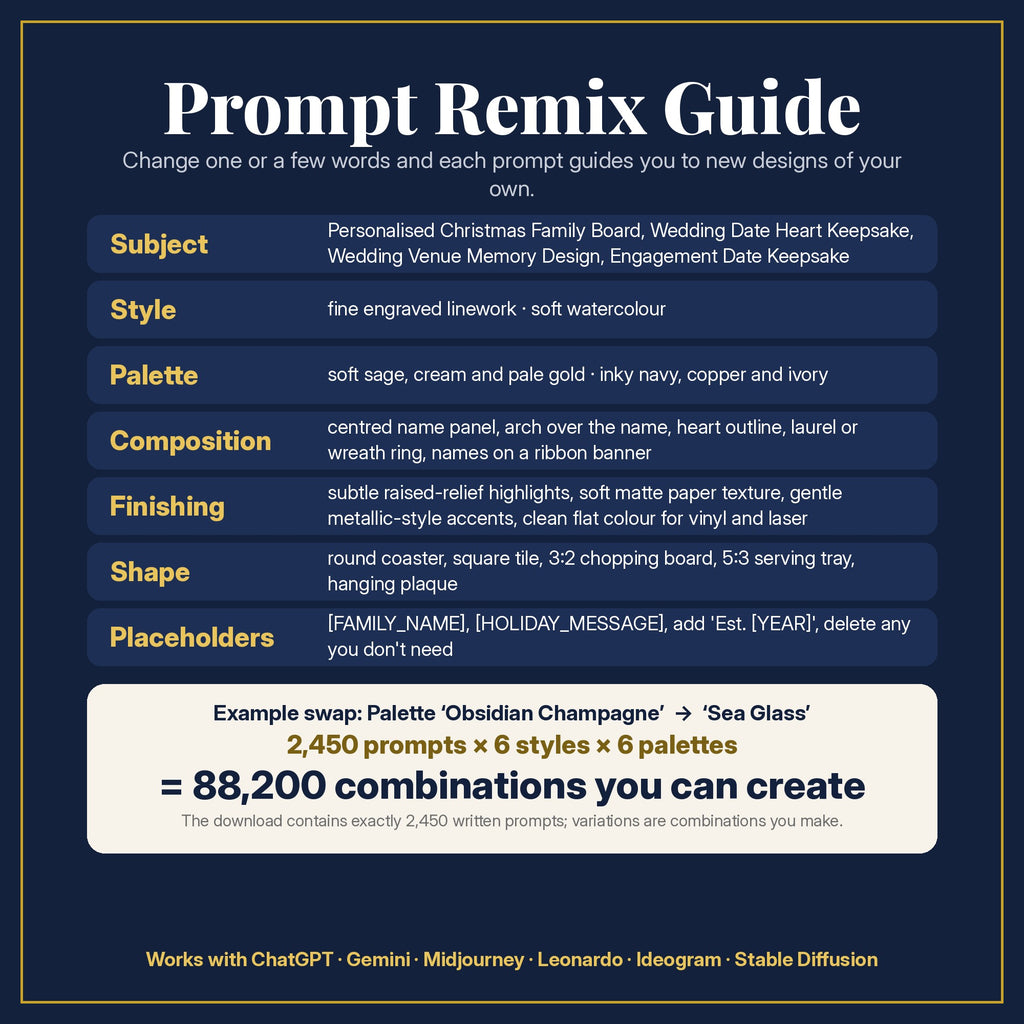 Prompt Remix Guide: what to change, and 2,450 prompts × 6 styles × 6 palettes = 88,200 combinations you can create