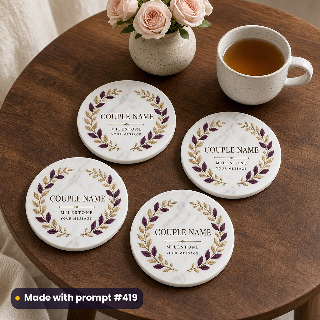 Four round marble-effect coasters with a plum and gold leaf wreath around COUPLE NAME, MILESTONE and YOUR MESSAGE placeholder text, beside a cup of tea and roses, made with prompt #419