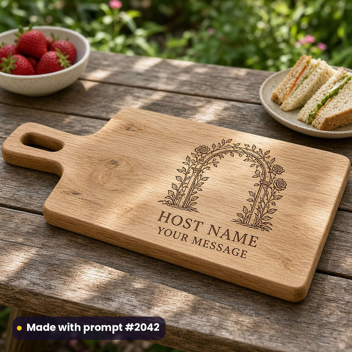 Oak serving board engraved with a rose garden arch above HOST NAME and YOUR MESSAGE placeholder text, on a garden table beside strawberries and sandwiches, made with prompt #2042