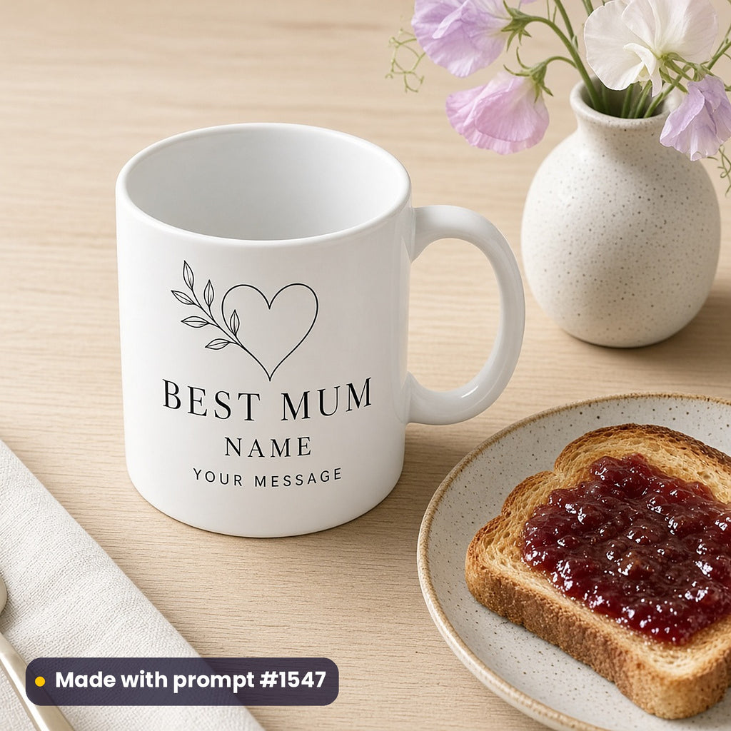 White mug printed with a line-art heart and leaf sprig above BEST MUM, NAME and YOUR MESSAGE placeholder text, beside toast and sweet peas, made with prompt #1547