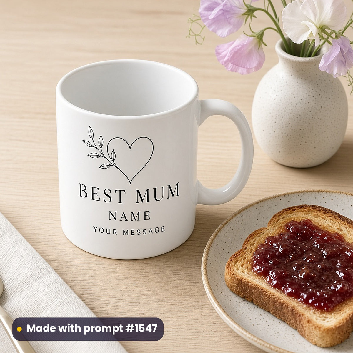 White mug printed with a line-art heart and leaf sprig above BEST MUM, NAME and YOUR MESSAGE placeholder text, beside toast and sweet peas, made with prompt #1547