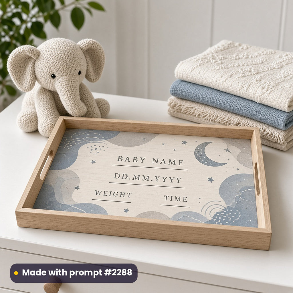 Wooden tray printed in dusty blue with organic shapes, a moon and stars around BABY NAME, DD.MM.YYYY, WEIGHT and TIME placeholder text, beside a knitted elephant, made with prompt #2288
