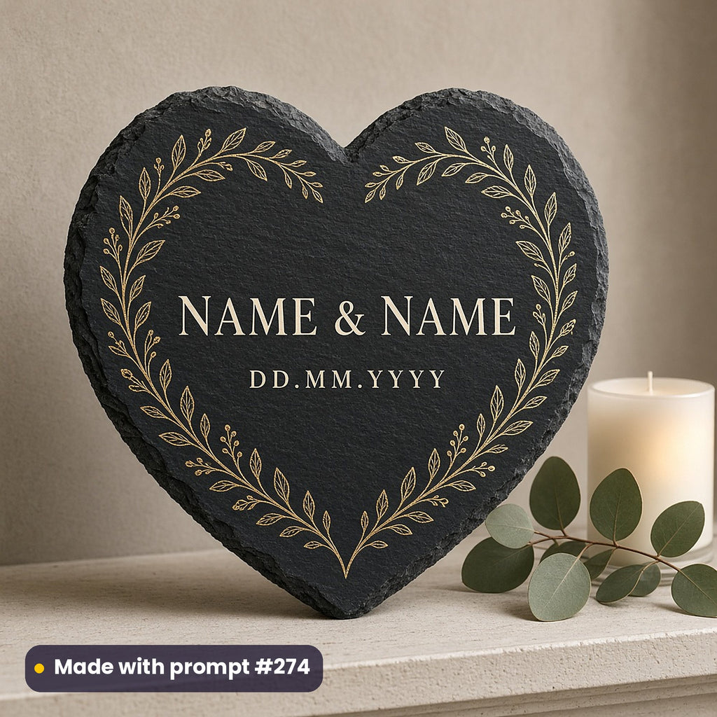 Heart-shaped slate sign printed with a gold botanical border around NAME & NAME and DD.MM.YYYY placeholder text, on a mantelpiece, made with prompt #274