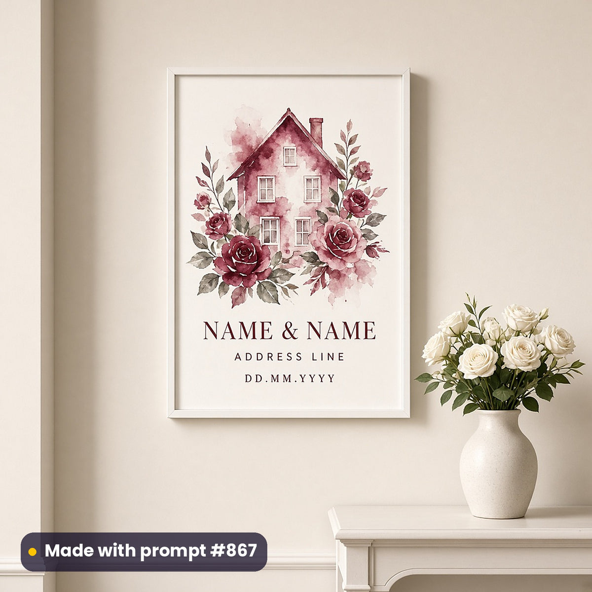 Framed wall art of a burgundy watercolour house among roses above NAME & NAME, ADDRESS LINE and DD.MM.YYYY placeholder text, in a hallway, made with prompt #867