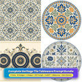 Complete Heritage Tile Tableware Prompt Bundle title card: Indigo Floral Tile Heritage (Square), Saffron and Indigo Folk Tile (Circular), Heritage Navy Rosette Luxe (3:2), Heritage Botanical Tile Grid (Circular), made with prompts #1, #46, #91, #134