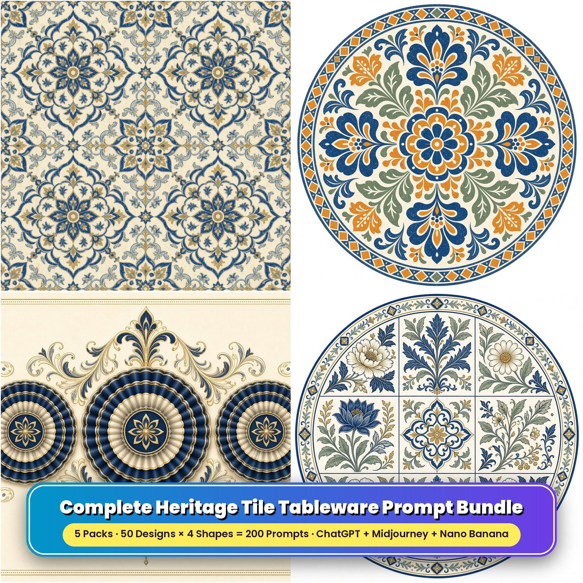 Complete Heritage Tile Tableware Prompt Bundle title card: Indigo Floral Tile Heritage (Square), Saffron and Indigo Folk Tile (Circular), Heritage Navy Rosette Luxe (3:2), Heritage Botanical Tile Grid (Circular), made with prompts #1, #46, #91, #134
