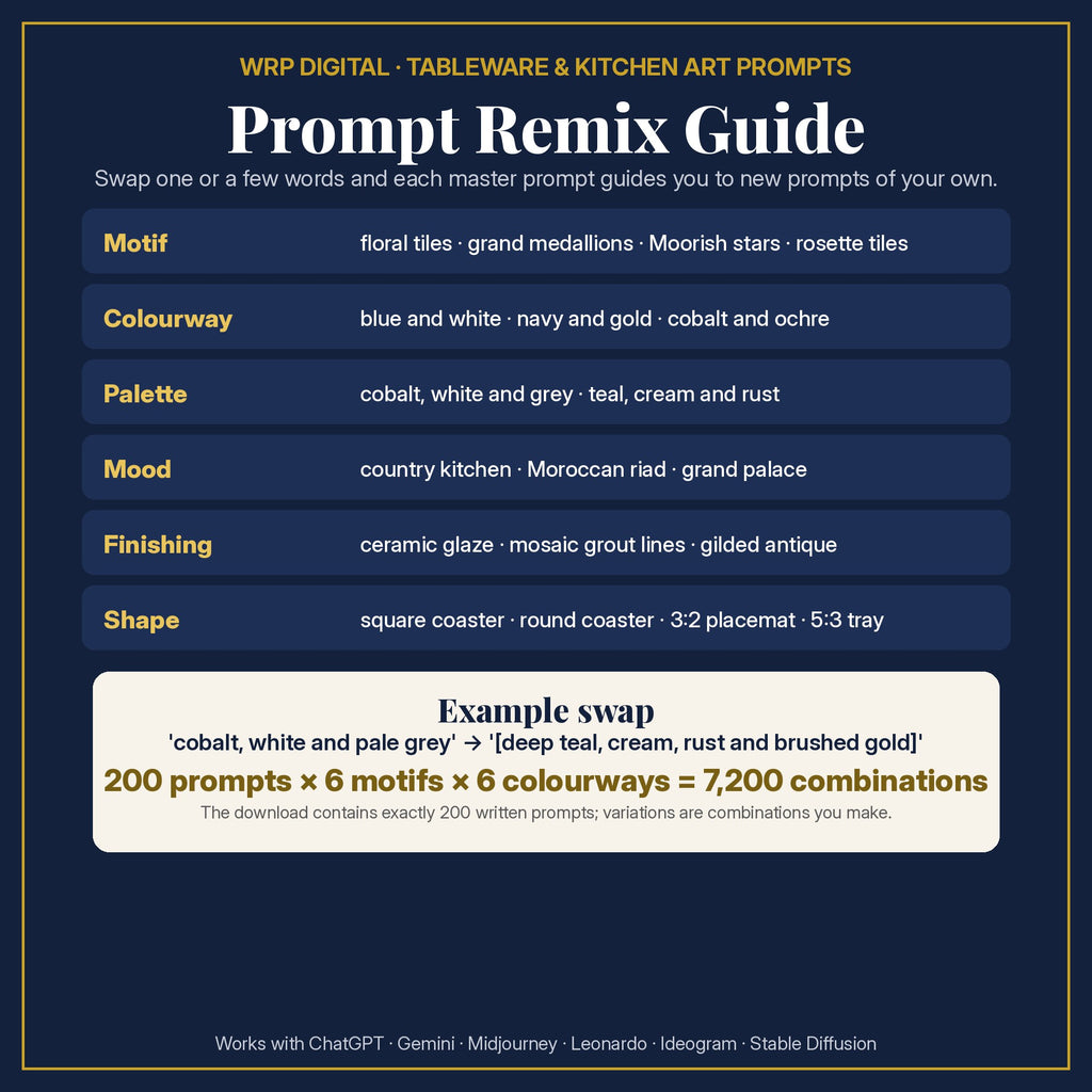 Prompt Remix Guide: change the motif, colourway, palette, mood, finishing or shape; 200 prompts × 6 motifs × 6 colourways = 7,200 combinations you can create