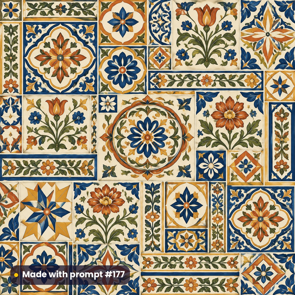 Heritage Tile Patchwork Mix tile artwork for a square gift-box lid, made with prompt #177 from the Complete Heritage Tile Tableware Prompt Bundle