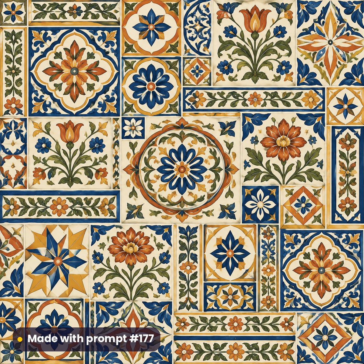 Heritage Tile Patchwork Mix tile artwork for a square gift-box lid, made with prompt #177 from the Complete Heritage Tile Tableware Prompt Bundle