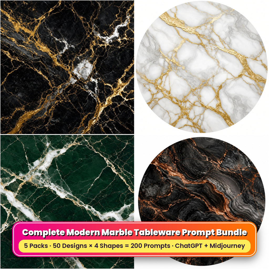 Complete Modern Marble Tableware Prompt Bundle title card: Noir Black and Gold Marble (Square), Classic White and Gold Vein Marble (Circular), Forest Green Heritage Marble (3:2), Charcoal Copper Storm Marble (Circular), made with prompts #1, #46, #91, #134