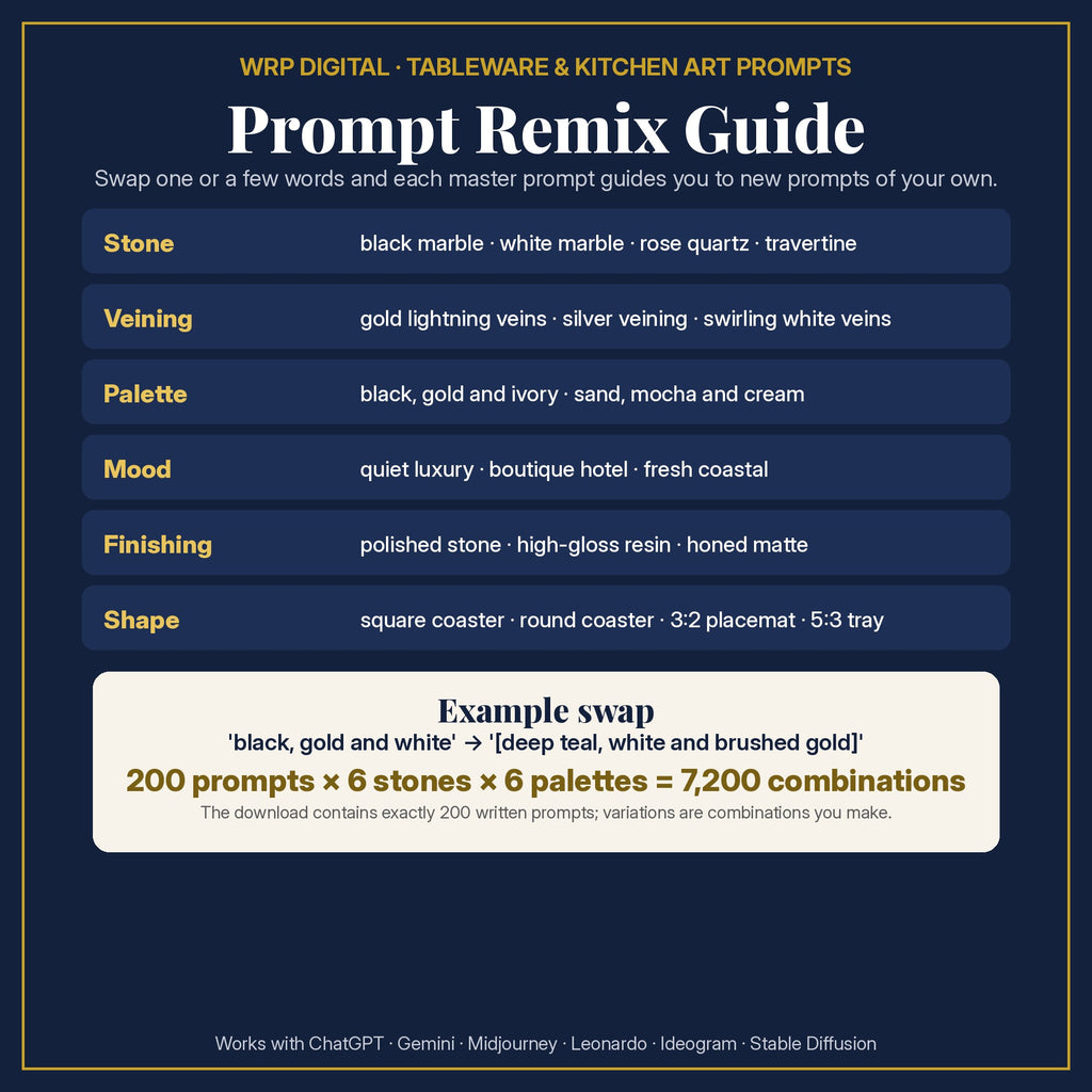 Prompt Remix Guide: change the stone, veining, palette, mood, finishing or shape; 200 prompts × 6 stones × 6 palettes = 7,200 combinations you can create