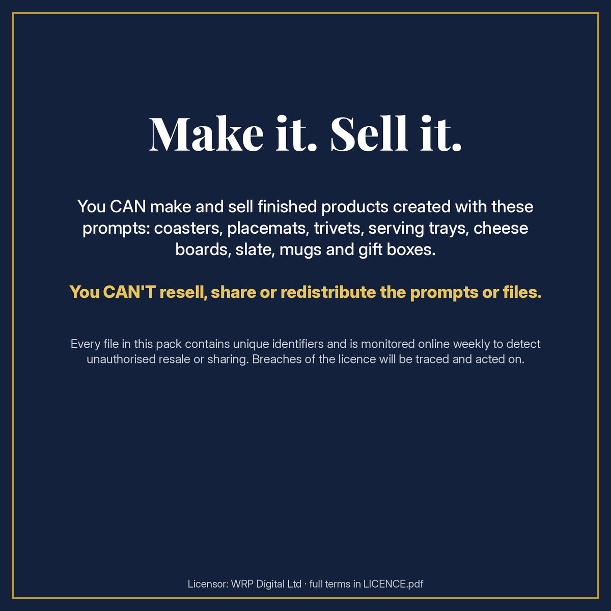 Make it. Sell it. Licence summary for the Complete Modern Marble Tableware Prompt Bundle: you can sell finished products made with the prompts, but not the prompts or files