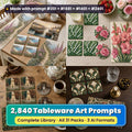Tableware Art Prompt Library (All 31 Packs) title card: a 2x2 collage of tableware made with prompts from the bundle: Cornish coastal tableware on an oak kitchen table (prompt #201 + #223 + #284); Birth flower tableware on a limewashed oak table (prompt #1681 + #1702 + #1743); Dog portrait tableware on an oak table (prompt #1401 + #1442 + #1463); Heritage style tableware on a dark wood table (prompt #2401 + #2422 + #2443)