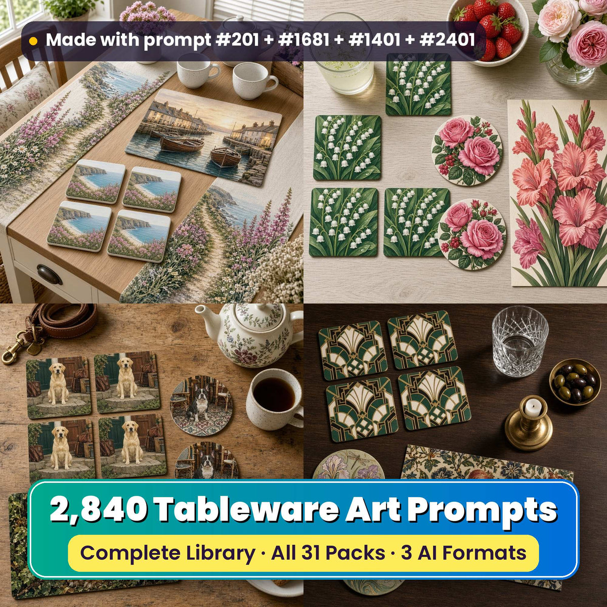 Tableware Art Prompt Library (All 31 Packs) title card: a 2x2 collage of tableware made with prompts from the bundle: Cornish coastal tableware on an oak kitchen table (prompt #201 + #223 + #284); Birth flower tableware on a limewashed oak table (prompt #1681 + #1702 + #1743); Dog portrait tableware on an oak table (prompt #1401 + #1442 + #1463); Heritage style tableware on a dark wood table (prompt #2401 + #2422 + #2443)