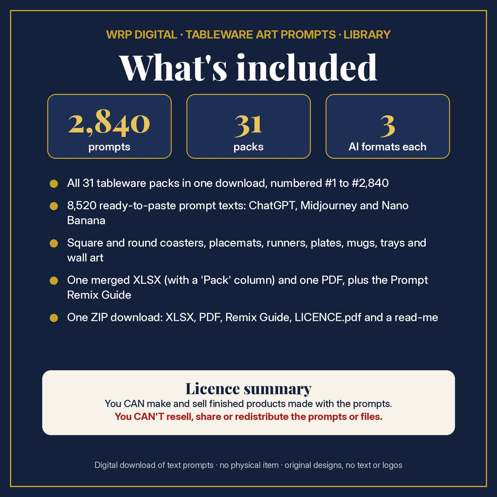 What's included: 2,840 tableware prompts from all 31 tableware packs in one merged XLSX and PDF, 3 AI formats each, the Prompt Remix Guide, ZIP and a licence summary