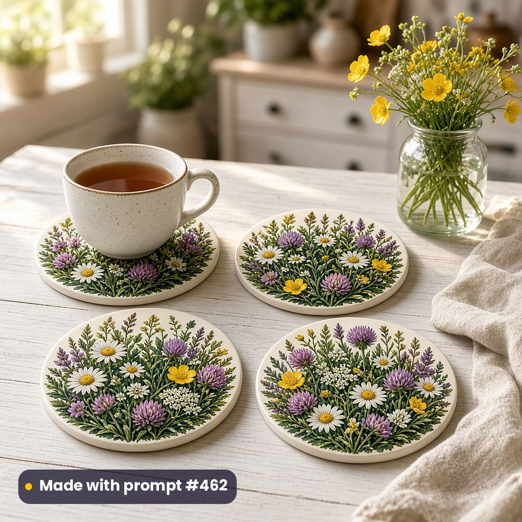 Four round coasters printed with dense wreaths of clover, daisies, buttercups and grasses, with a cup of tea on a white wooden table and a jar of buttercups, made with prompt #462