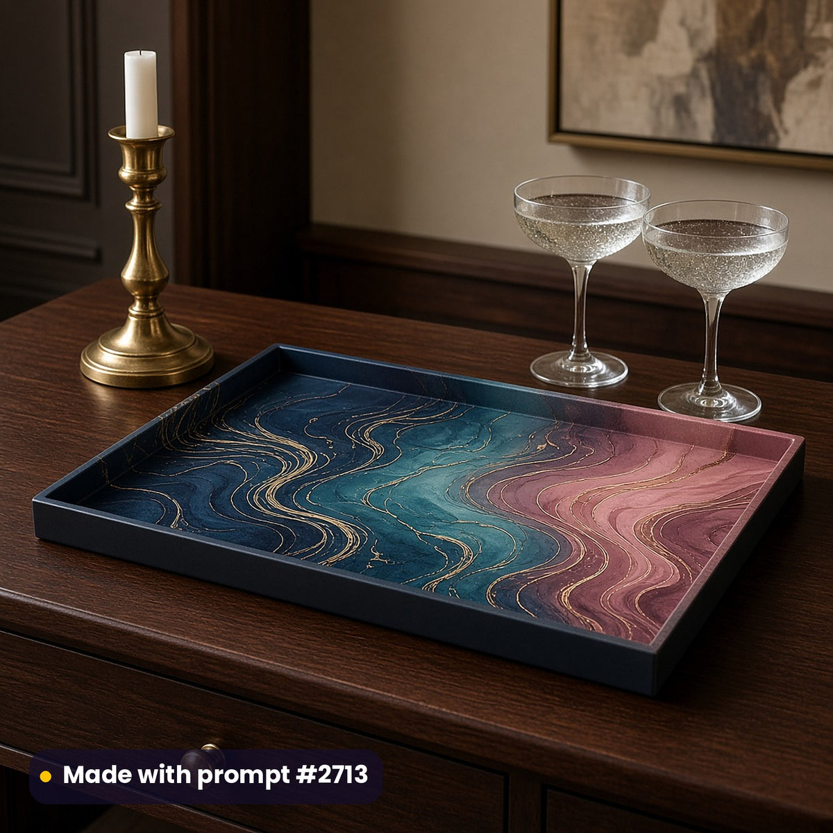 Tray printed with dark luxury navy, teal and dusky pink ombre with flowing gold lines, on a walnut sideboard beside a brass candlestick, made with prompt #2713