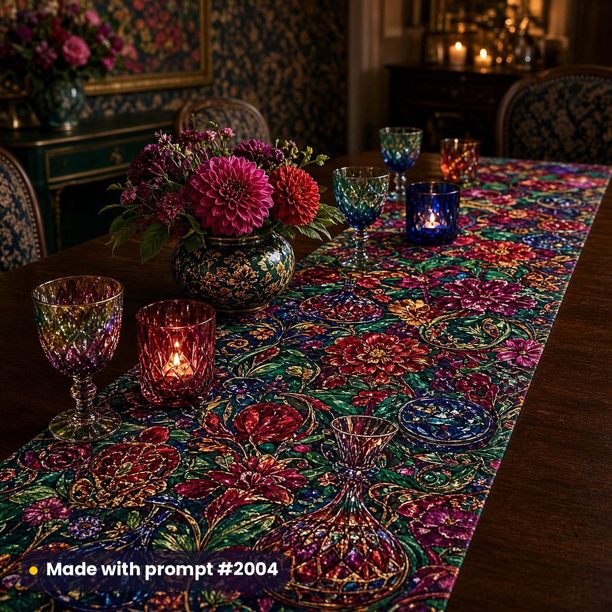 Long table runner printed with a maximalist pattern of jewel glassware and florals, on a dark dining table with coloured glass candle holders, goblets and dahlias, made with prompt #2004