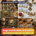 Tableware Prompt Bundle: Dogs and Woodland Wildlife title card: a 2x2 collage of tableware made with prompts from the bundle: Dog portrait tableware on an oak table (prompt #1 + #42 + #63); Dog portrait tableware on a whitewashed table (prompt #101 + #122 + #163); Woodland tableware on a dark oak table (prompt #201 + #222 + #263); Woodland tableware on an oak farmhouse table (prompt #301 + #342 + #363)