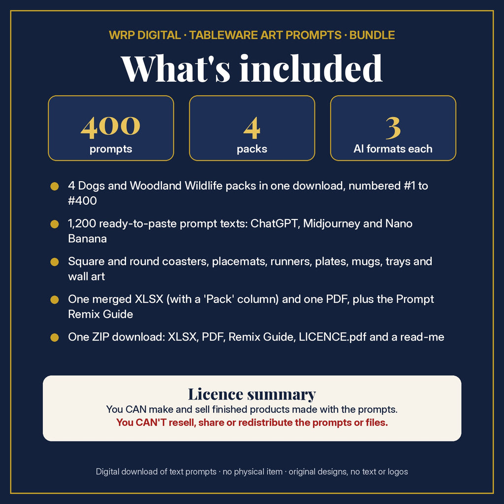 What's included: 400 tableware prompts from 4 dog and woodland wildlife tableware packs in one merged XLSX and PDF, 3 AI formats each, the Prompt Remix Guide, ZIP and a licence summary