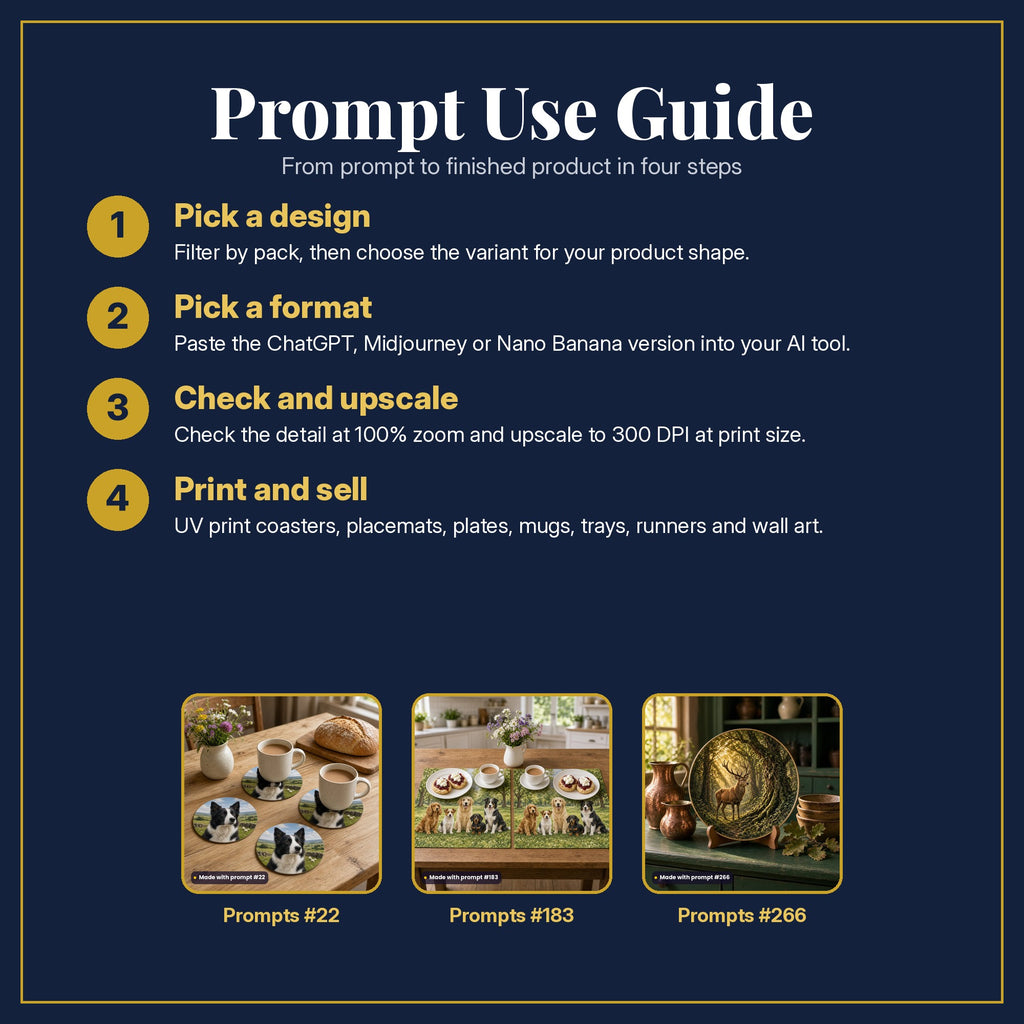 Prompt Use Guide in four steps, with example products made with prompt #22, prompt #183, prompt #266