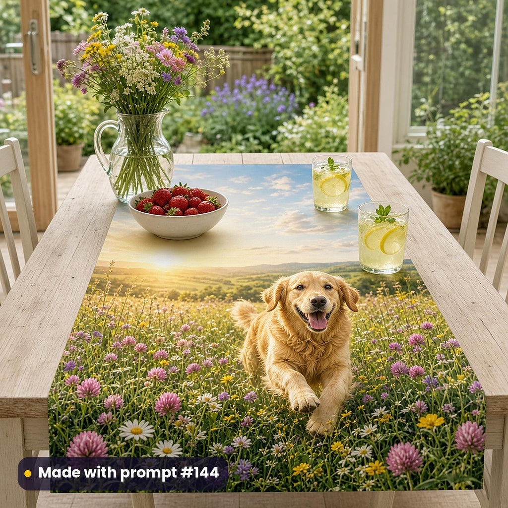Table runner printed with a Golden Retriever running through a summer wildflower meadow, on a garden-room table with wildflowers, strawberries and lemonade, made with prompt #144