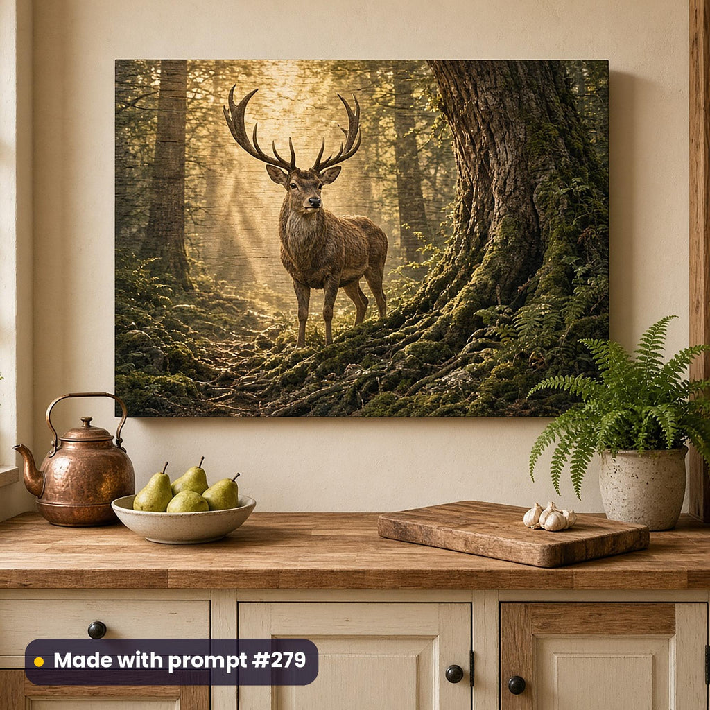 Wooden wall art panel of a stag beneath a huge mossy tree in shafts of golden light, above a butcher-block counter with a copper kettle, pears and a fern, made with prompt #279