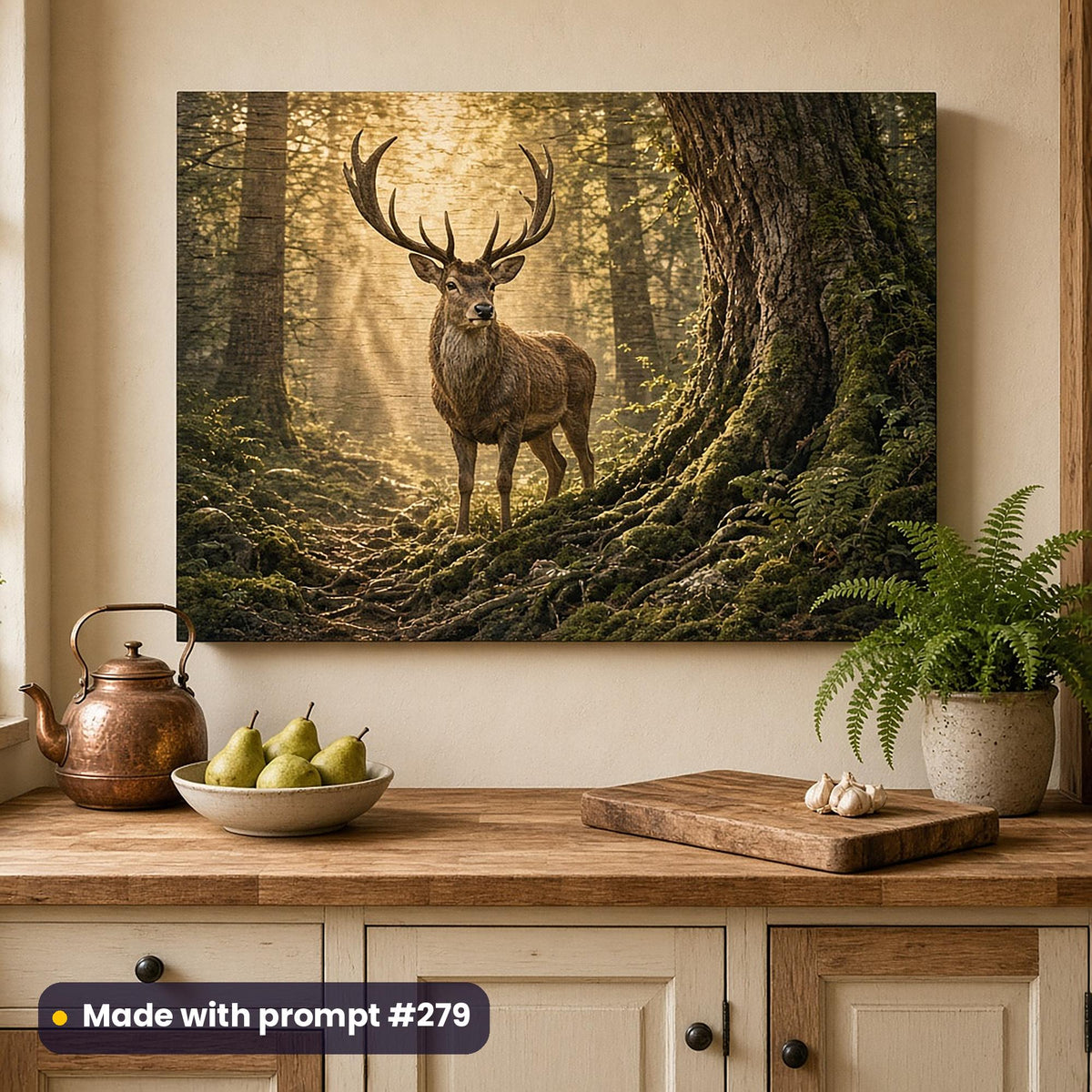 Wooden wall art panel of a stag beneath a huge mossy tree in shafts of golden light, above a butcher-block counter with a copper kettle, pears and a fern, made with prompt #279