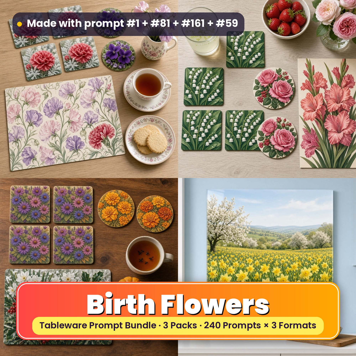 Tableware Prompt Bundle: Birth Flowers title card: a 2x2 collage of tableware made with prompts from the bundle: carnation, violet and sweet pea coasters and placemat (prompt #1 + #22 + #63); lily of the valley, rose and gladioli coasters and placemat (prompt #81 + #102 + #143); aster, marigold and narcissus coasters and placemat (prompt #161 + #182 + #223); daffodil meadow wall art in a kitchen (prompt #59)