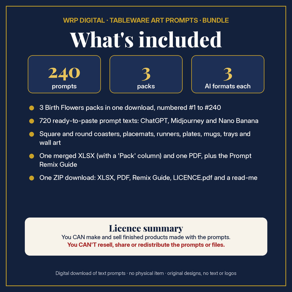 What's included: 240 tableware prompts from 3 birth flower tableware packs in one merged XLSX and PDF, 3 AI formats each, the Prompt Remix Guide, ZIP and a licence summary