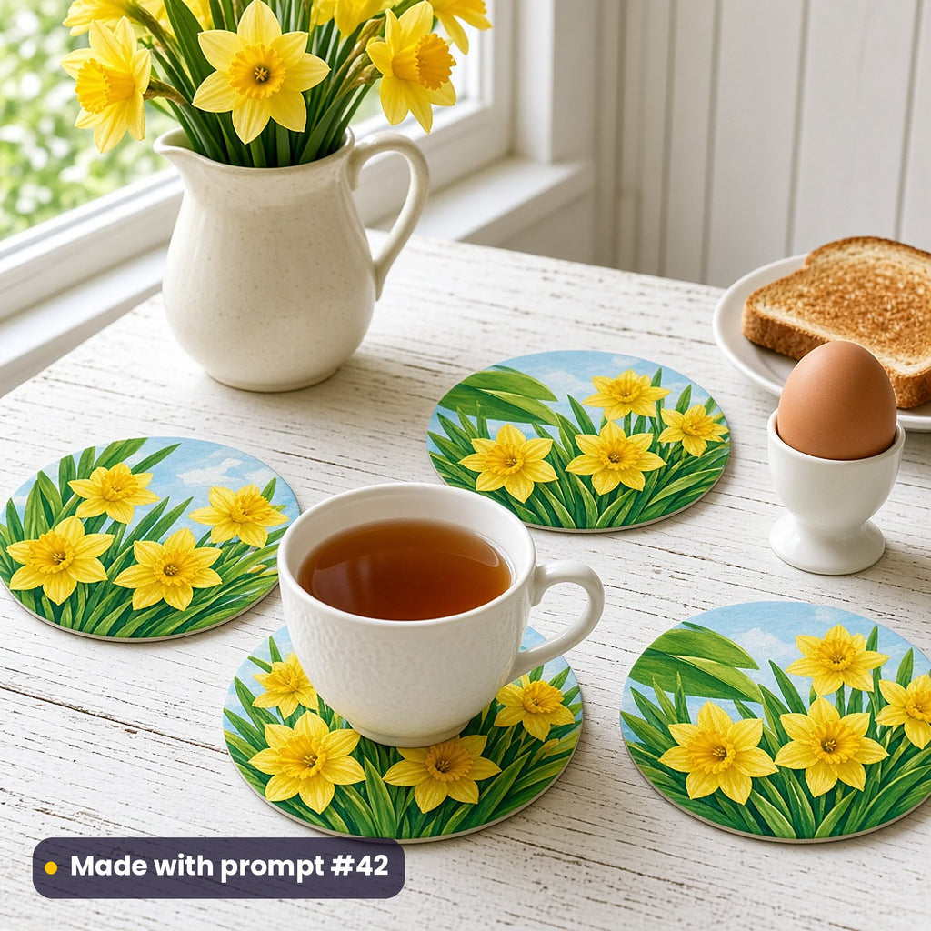 Four round coasters printed with yellow daffodils against spring greens and a pale blue sky, with tea, a boiled egg, toast and a jug of daffodils on a white kitchen table, made with prompt #42