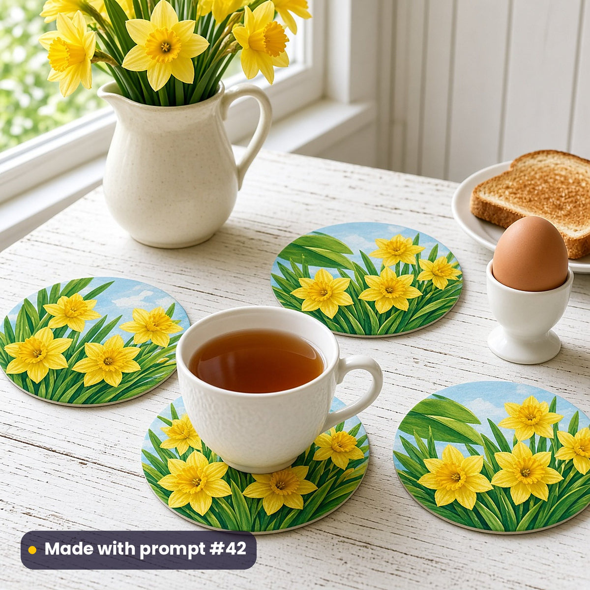 Four round coasters printed with yellow daffodils against spring greens and a pale blue sky, with tea, a boiled egg, toast and a jug of daffodils on a white kitchen table, made with prompt #42