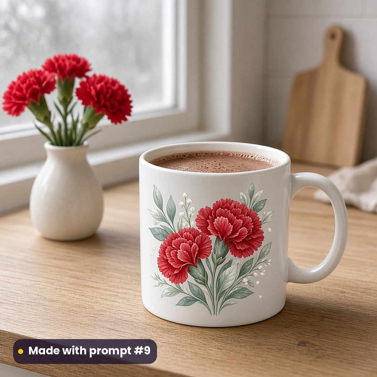 White mug with a premium vector illustration of crimson carnations with icy green leaves, holding hot chocolate beside a vase of red carnations, made with prompt #9