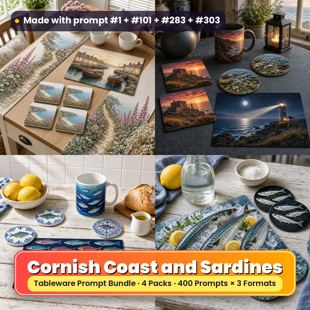 Tableware Prompt Bundle: Cornish Coast and Sardines title card: a 2x2 collage of tableware made with prompts from the bundle: Cornish coastal tableware on an oak kitchen table (prompt #1 + #23 + #84); Cornish coastal tableware on a slate table (prompt #101 + #122 + #163); Sardine tableware on a whitewashed kitchen table (prompt #283 + #250 + #209); Fish tableware on a whitewashed table (prompt #303 + #350 + #382)