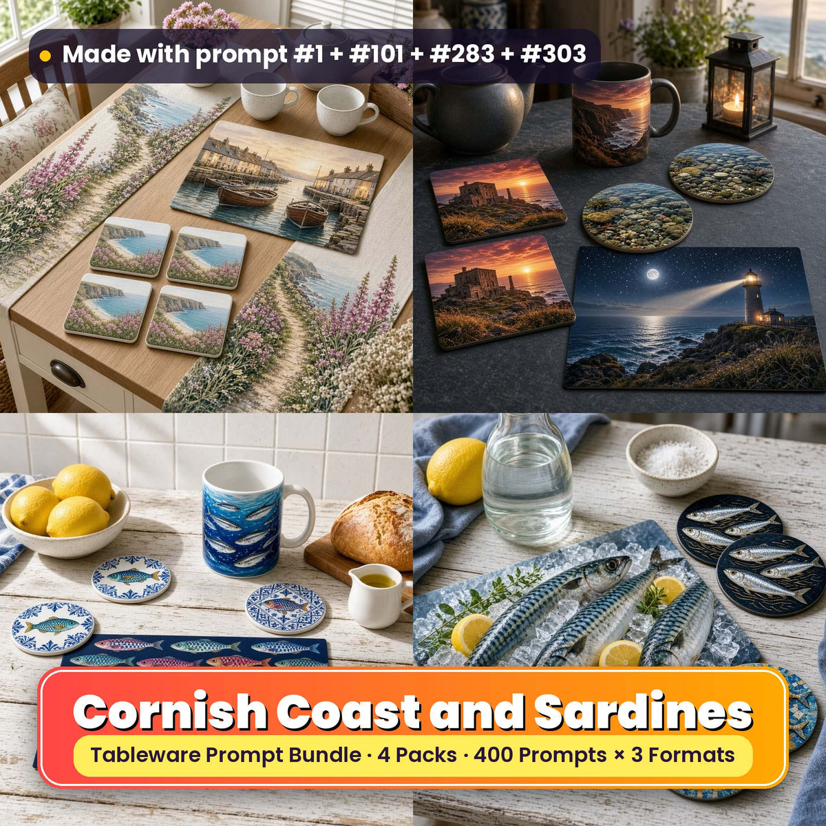 Tableware Prompt Bundle: Cornish Coast and Sardines title card: a 2x2 collage of tableware made with prompts from the bundle: Cornish coastal tableware on an oak kitchen table (prompt #1 + #23 + #84); Cornish coastal tableware on a slate table (prompt #101 + #122 + #163); Sardine tableware on a whitewashed kitchen table (prompt #283 + #250 + #209); Fish tableware on a whitewashed table (prompt #303 + #350 + #382)