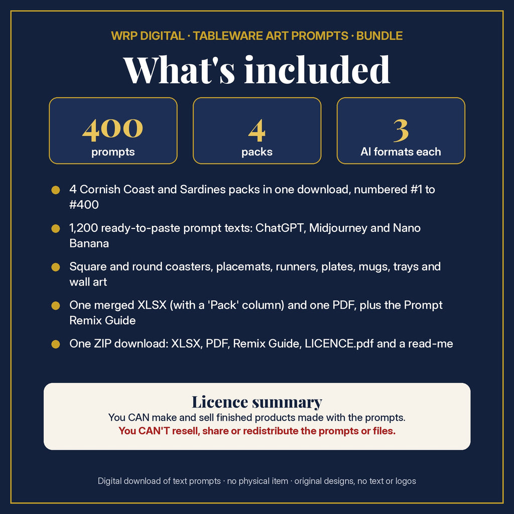 What's included: 400 tableware prompts from 4 Cornish coast and sardine tableware packs in one merged XLSX and PDF, 3 AI formats each, the Prompt Remix Guide, ZIP and a licence summary