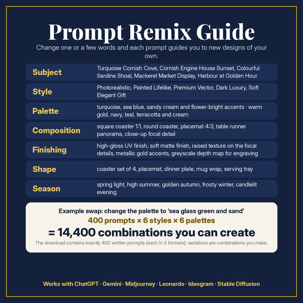 Prompt Remix Guide: what to change, and 400 prompts × 6 styles × 6 palettes = 14,400 combinations you can create