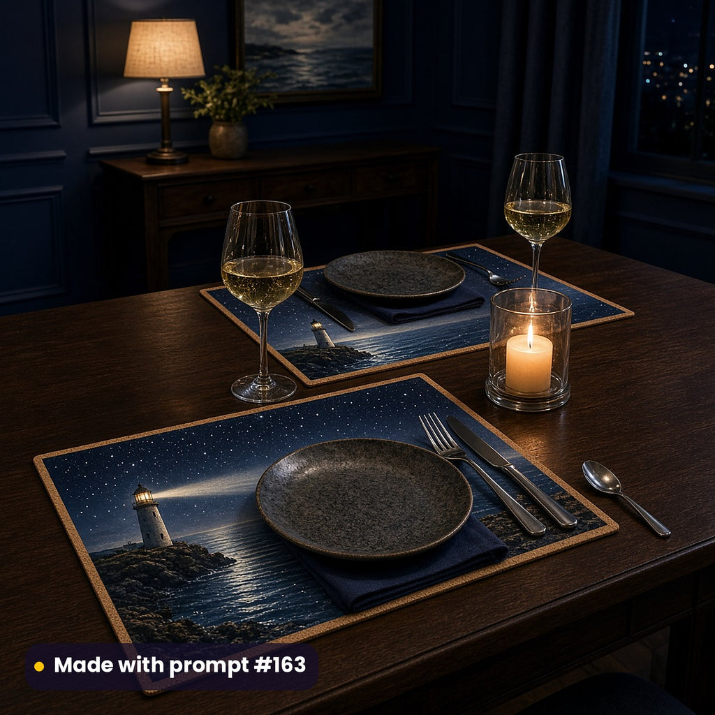 Two cork-backed placemats printed with a lighthouse casting its beam across a moonlit starry sea, set for dinner with dark stoneware plates, white wine and a candle in a navy dining room, made with prompt #163