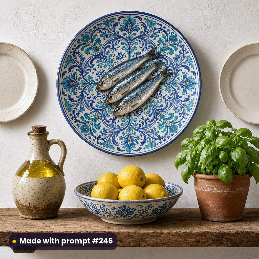 Wall-hung decorative plate painted with three silver sardines over blue and turquoise tile scrollwork, above a shelf with an olive oil jug, lemons and basil, made with prompt #246