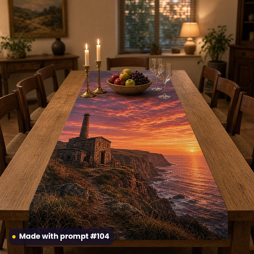 Long table runner printed with a stone engine house and chimney on a clifftop against a copper and violet sunset, on an oak dining table with brass candlesticks, fruit and wine glasses, made with prompt #104