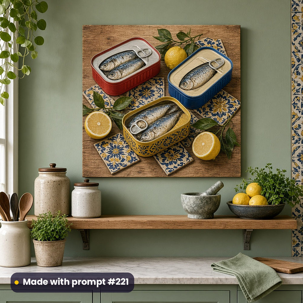 Square wall art panel of unlabelled red, blue and yellow sardine tins with lemons and patterned tiles, on a sage green kitchen wall above a shelf with jars, a mortar and lemons, made with prompt #221