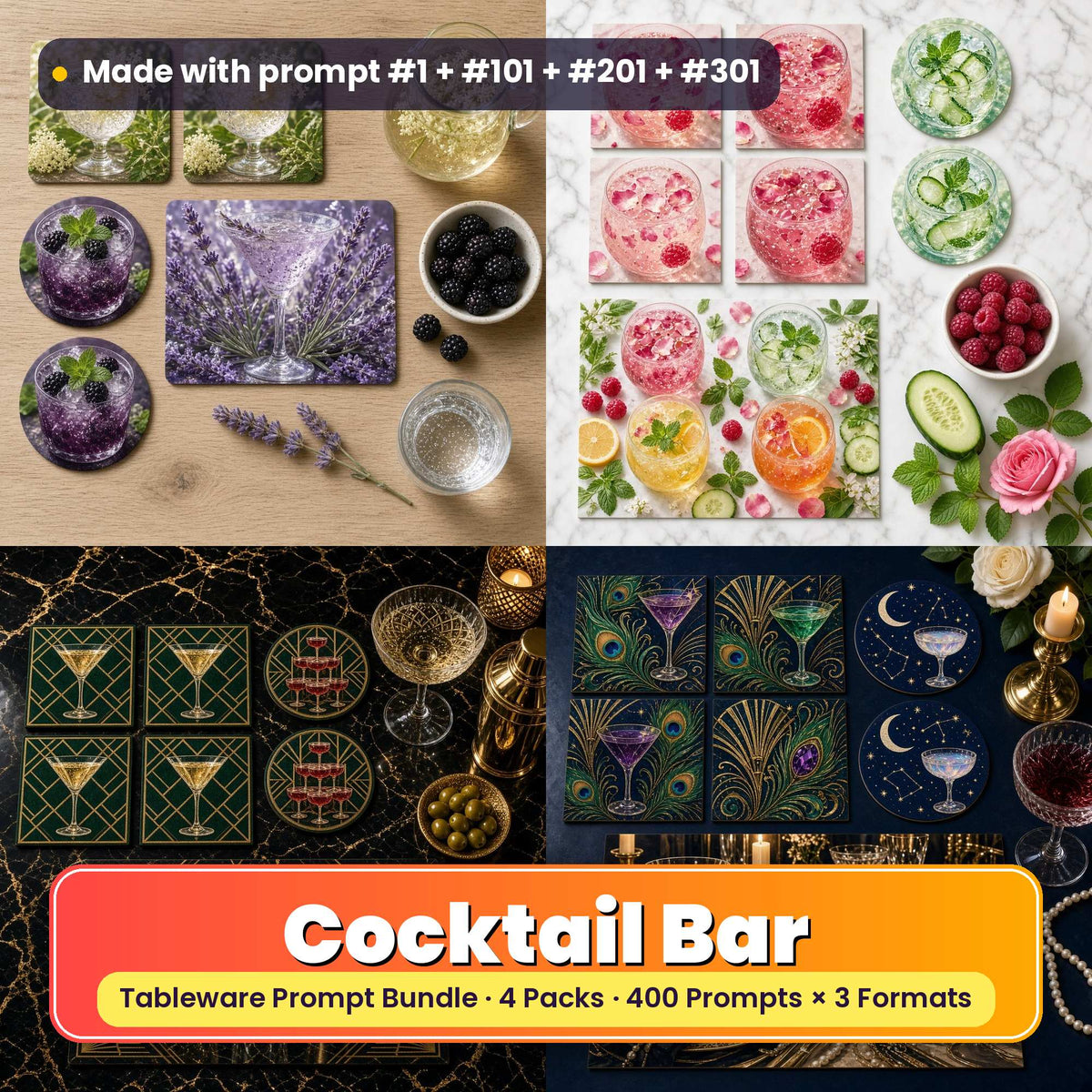 Tableware Prompt Bundle: Cocktail Bar title card: a 2x2 collage of tableware made with prompts from the bundle: Botanical drinks tableware on an oak table (prompt #1 + #22 + #63); Botanical drinks tableware on marble (prompt #101 + #122 + #183); Art Deco barware on a black and gold marble bar top (prompt #201 + #222 + #283); Art Deco tableware on a navy table (prompt #301 + #322 + #363)