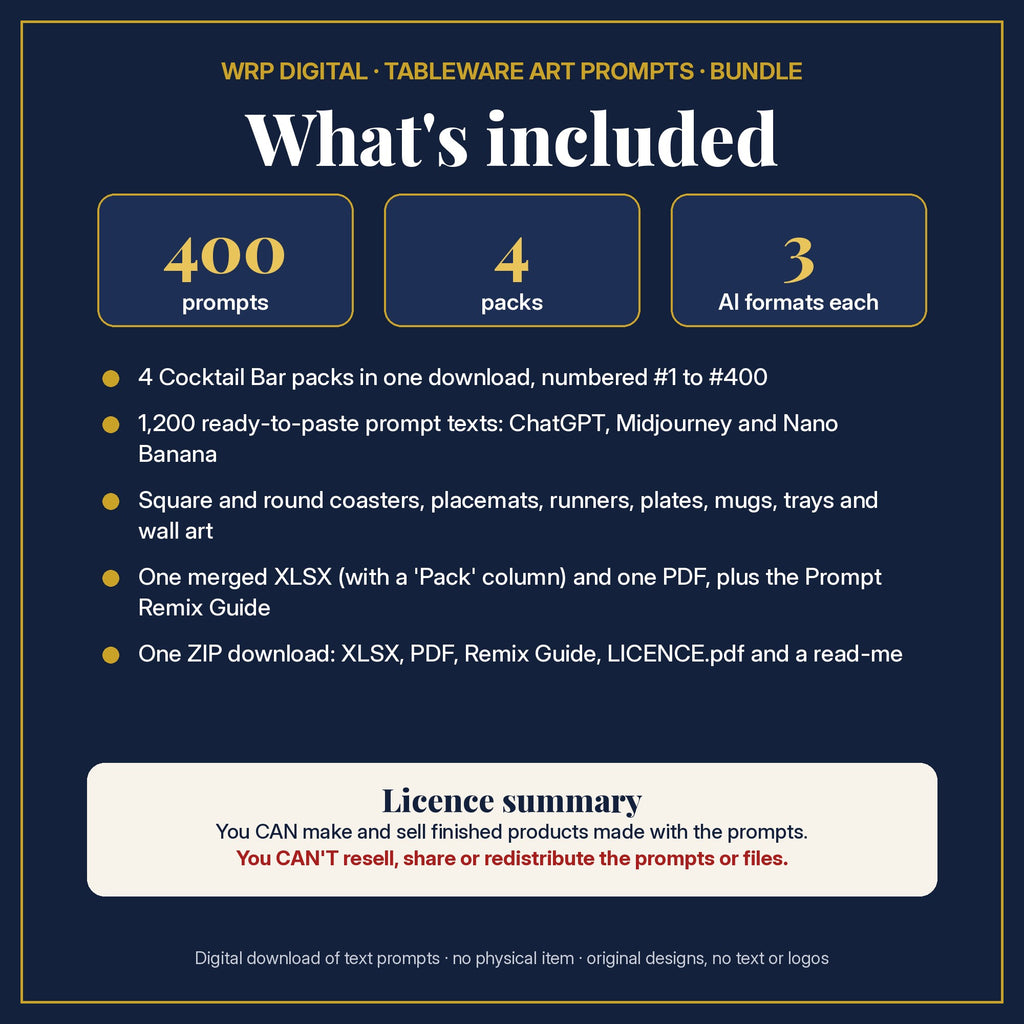 What's included: 400 tableware prompts from 4 cocktail bar tableware packs in one merged XLSX and PDF, 3 AI formats each, the Prompt Remix Guide, ZIP and a licence summary
