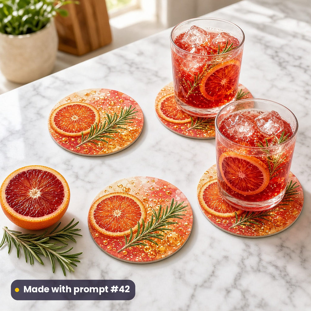 Four round coasters printed with a blood orange spritz glass, orange slices and rosemary on coral, with blood orange sodas on a marble counter beside a halved blood orange, made with prompt #42