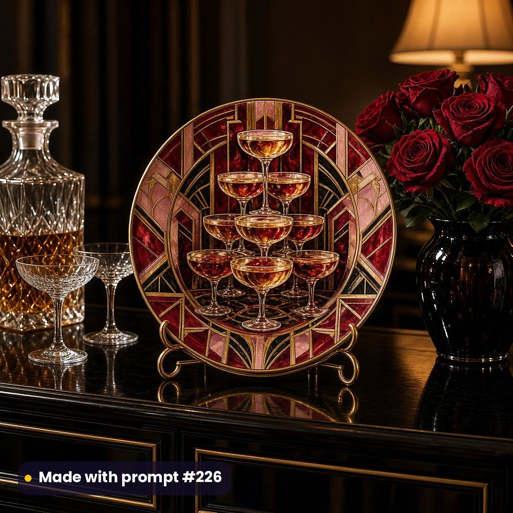 Round plate painted with a champagne coupe tower in ruby, blush, black and gold Deco geometry, on a gold stand on a black sideboard beside a crystal decanter, coupes and red roses, made with prompt #226
