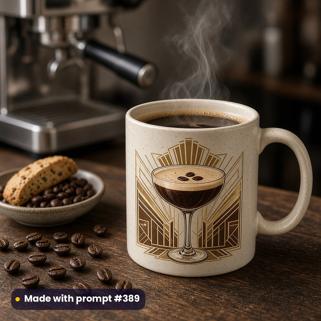 Speckled cream mug with a vector espresso martini under a gold Deco sunburst, steaming beside an espresso machine, coffee beans and biscotti, made with prompt #389