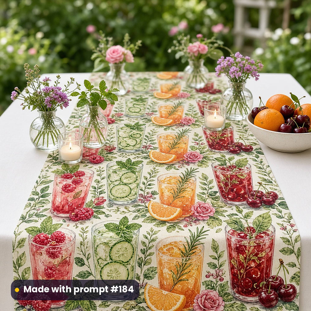 Table runner printed with a botanical pattern of jewel-toned drinks and leaves, on a garden table, made with prompt #184