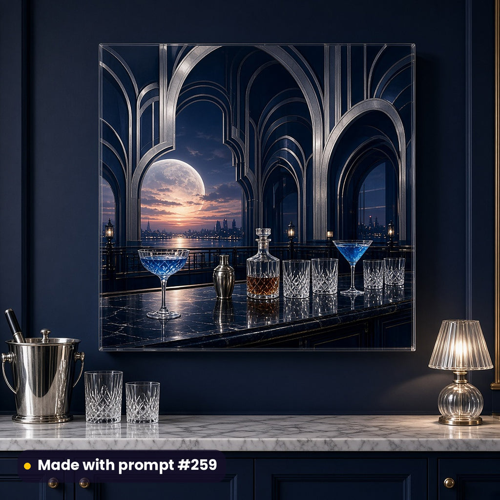 Acrylic wall art of a moonlit Deco bar with sapphire cocktails, crystal glassware and silver arches, on a navy kitchen wall above a marble counter with an ice bucket, glasses and a glowing lamp, made with prompt #259