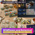 Tableware Prompt Bundle: Wildflower and Botanical title card: a 2x2 collage of tableware made with prompts from the bundle: Wildflower tableware on an oak table (prompt #1 + #2 + #83); Wildflower tableware on a dark slate table (prompt #102 + #123 + #189); Floral style tableware on a pale oak table (prompt #201 + #222 + #263); Floral and celestial style tableware on a pale oak table (prompt #301 + #322 + #363)