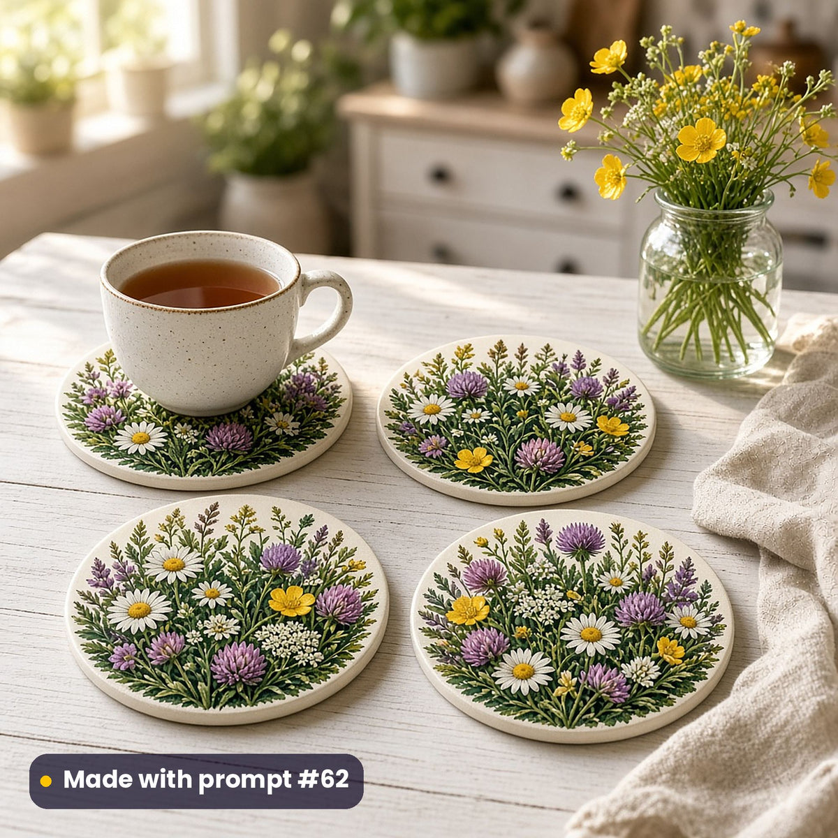 Four round coasters printed with dense wreaths of clover, daisies, buttercups and grasses, with a cup of tea on a white wooden table and a jar of buttercups, made with prompt #62
